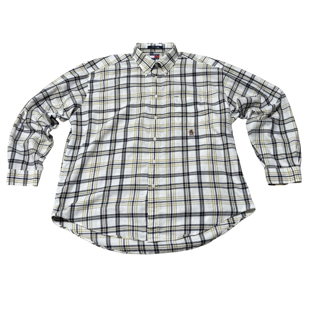 Vintage Tommy Hilfiger Men's Plaid Button Down Shirt Crest Logo Size XL 26 x 31